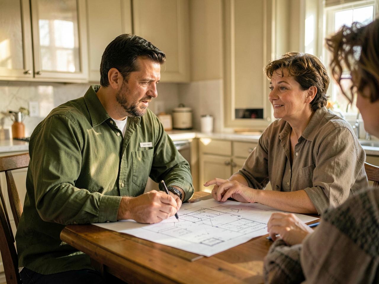 Technisch adviseur bespreekt bouwtekeningen met bewoners aan de keukentafel